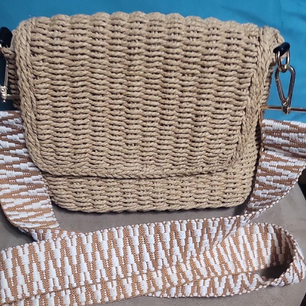 Tan Hand-Woven Crossbody Bag w/Wide Strap